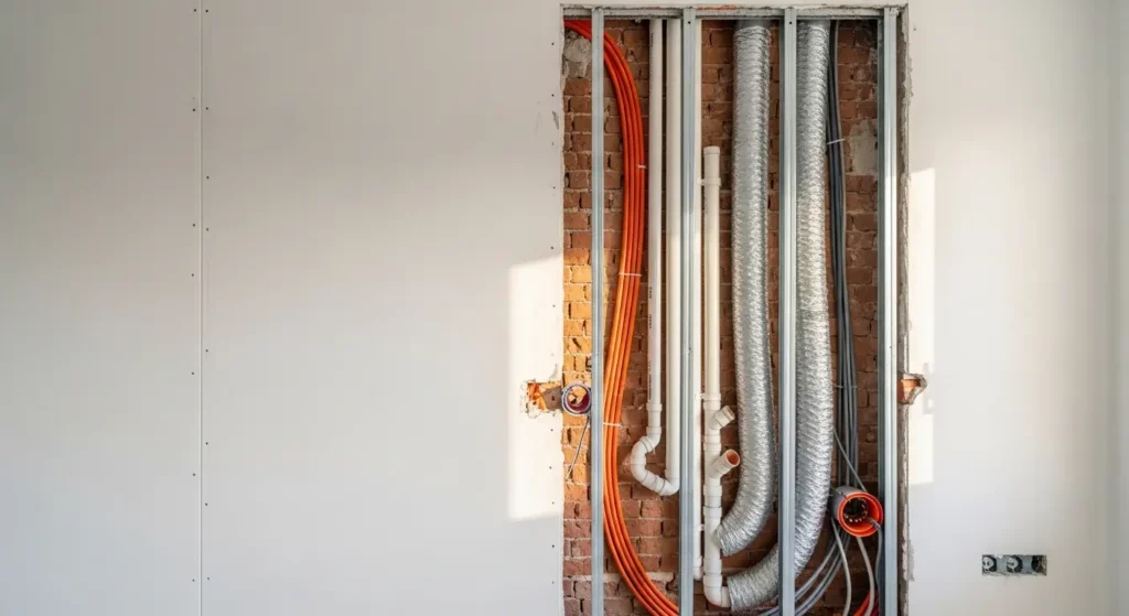 Cloison technique en placo ouverte révélant câbles électriques, gaines de climatisation et tuyaux de plomberie intégrés – réalisation en Tunisie